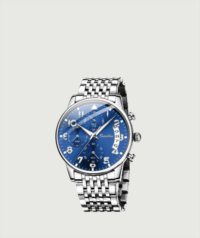 Premium quality men's stainless steel silver watch with blue face, chronograph, stop watch and glass face.