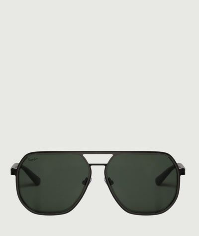 Oversized, square shaped aviator sunglasses with green lenses and metal frame