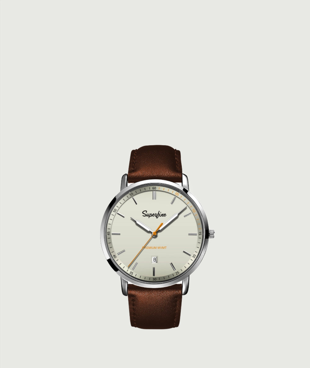 Men's genuine leather strap watch. Brown leather strap with cream face. Minimal face.