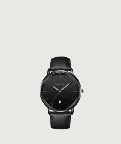 Men's genuine leather strap watch. Black leather strap with black face. Minimal face.