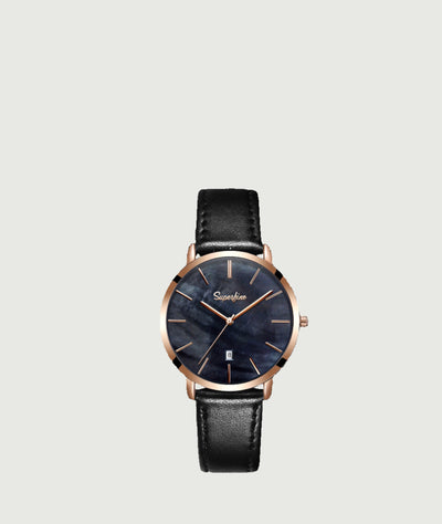 Women's leather watch with navy face, gold metal casing and black genuine leather strap