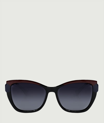 Black Cat eye sunglasses with burgundy red details on frame. Black polarised lenses