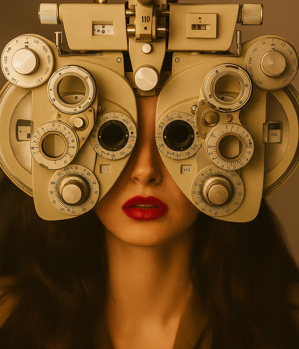 Person wearing a vintage eye exam device with a brown filter