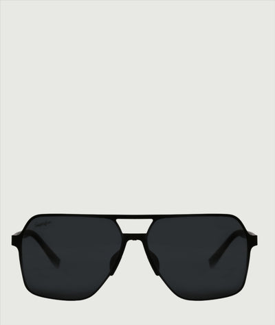 Oversized Black aviator sunglasses, with square metal frame and polarised lenses.