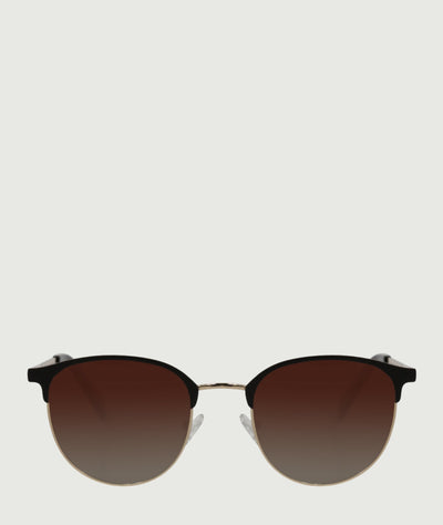 Round metal frame sunglasses with black frame and gradient brown lenses