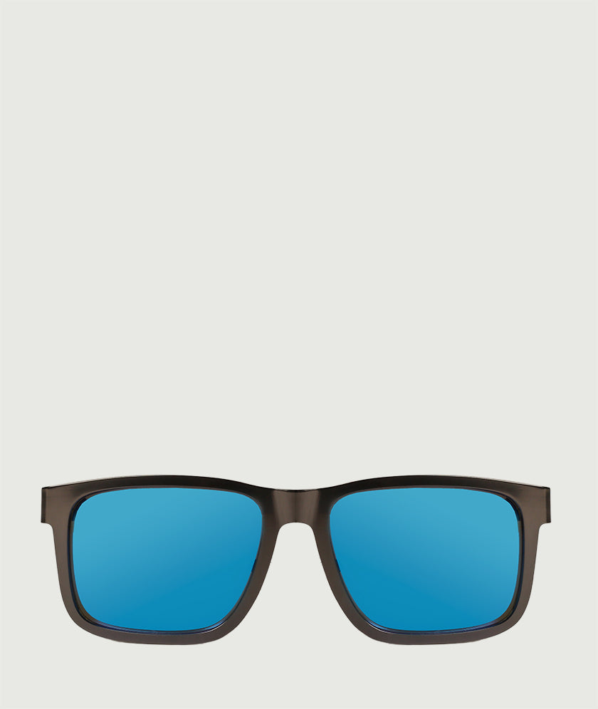 Black classic driver sunglasses with blue lenses. 