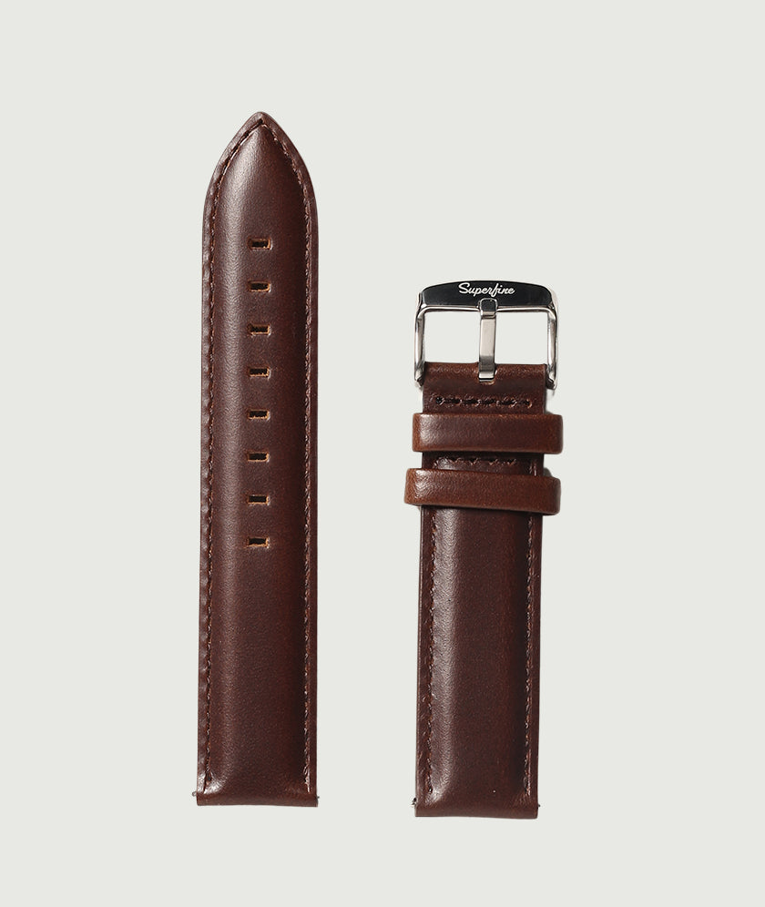 Brown genuine leather watch strap with silver hard wear.