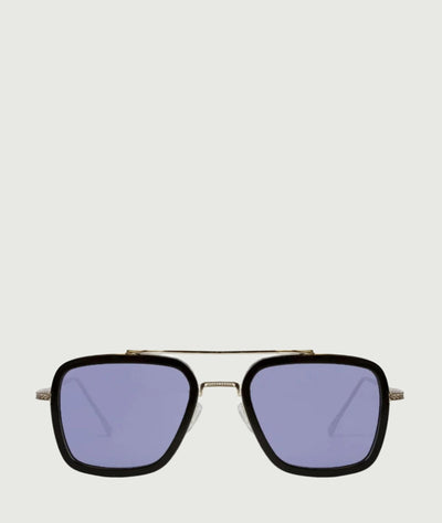 Square aviator sunglasses with blue lenses and gold frame. Trendy and stylish